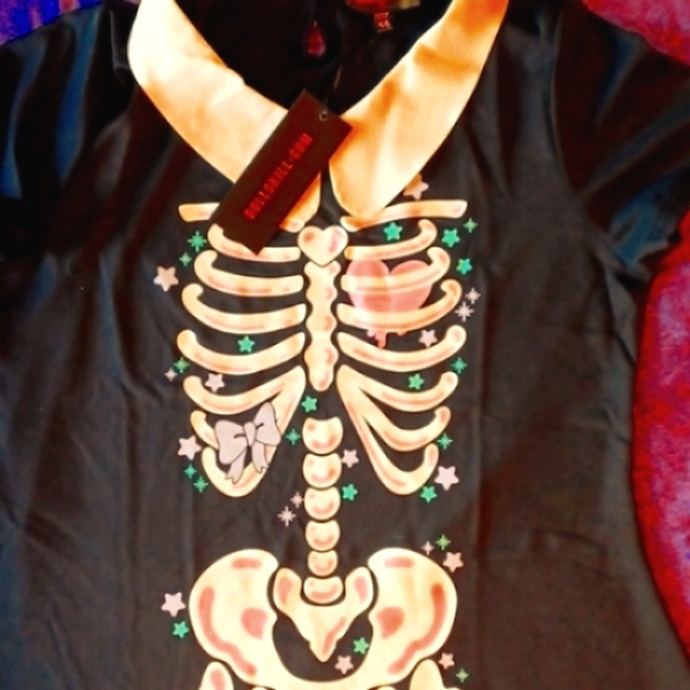 DOLLSKILL 2x TRICKZ N TREATZ BLACK SHORT-SLEEVED BONES MINI DRESS COLLAR